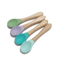 Gagang Kayu Sendok Makan Bayi BPA Free Food Grade Sendok Bayi Silikon Lembut
