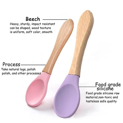 Gagang Kayu Sendok Makan Bayi BPA Free Food Grade Sendok Bayi Silikon Lembut